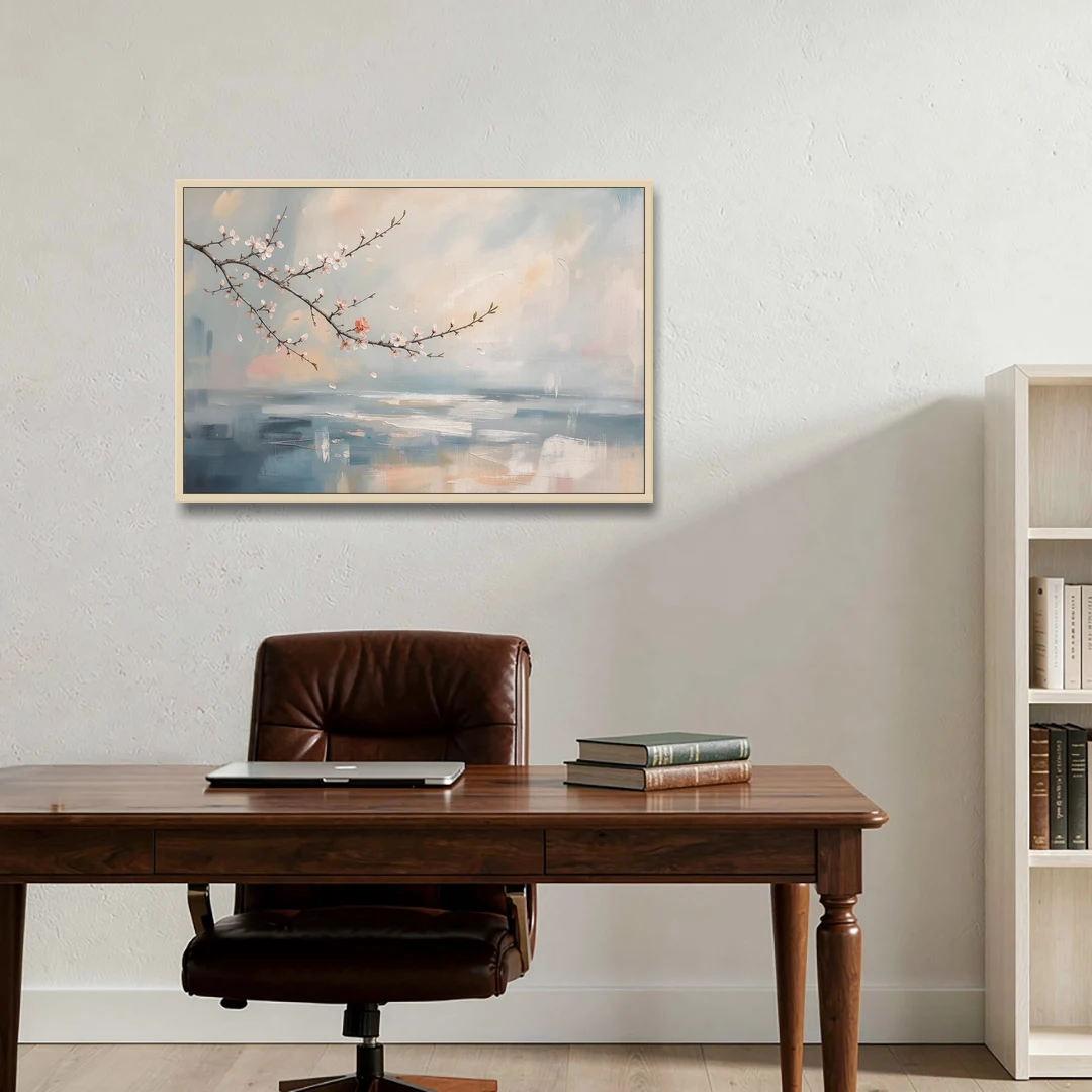Abstract Cherry Blossom Branch Over Misty Sea - Oak Framed Canvas Wall Art - Office - 36x24