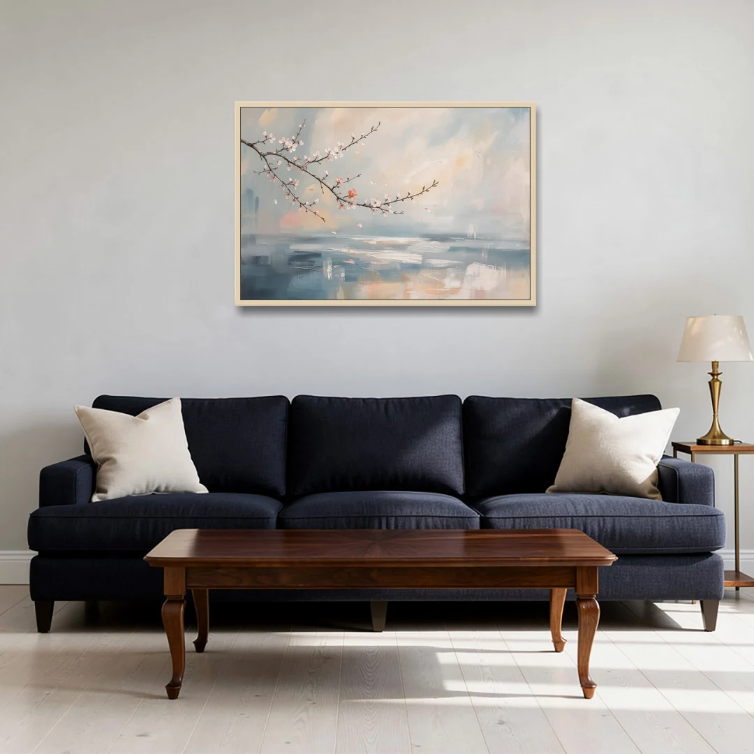Abstract Cherry Blossom Branch Over Misty Sea - Oak Framed Canvas Wall Art - Sofa - 36x24
