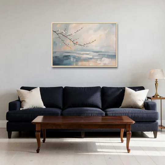 Abstract Cherry Blossom Branch Over Misty Sea - Oak Framed Canvas Wall Art - Sofa - 36x24