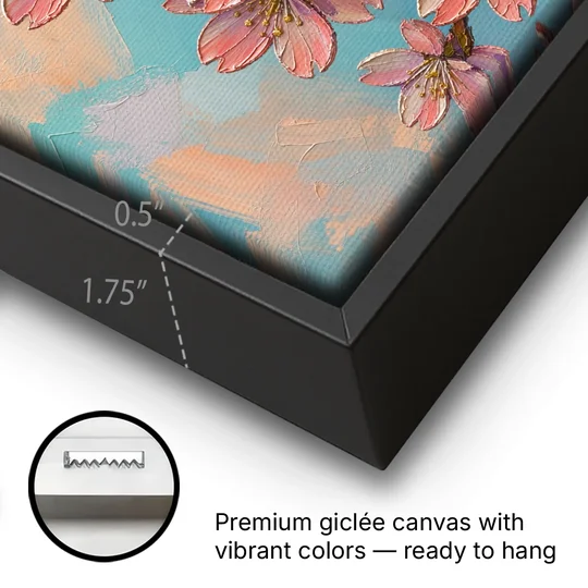 Cherry Blossom Branch Painting Against Turquoise Sky - Black Framed Canvas Wall Art - Gallery Wrap Corner