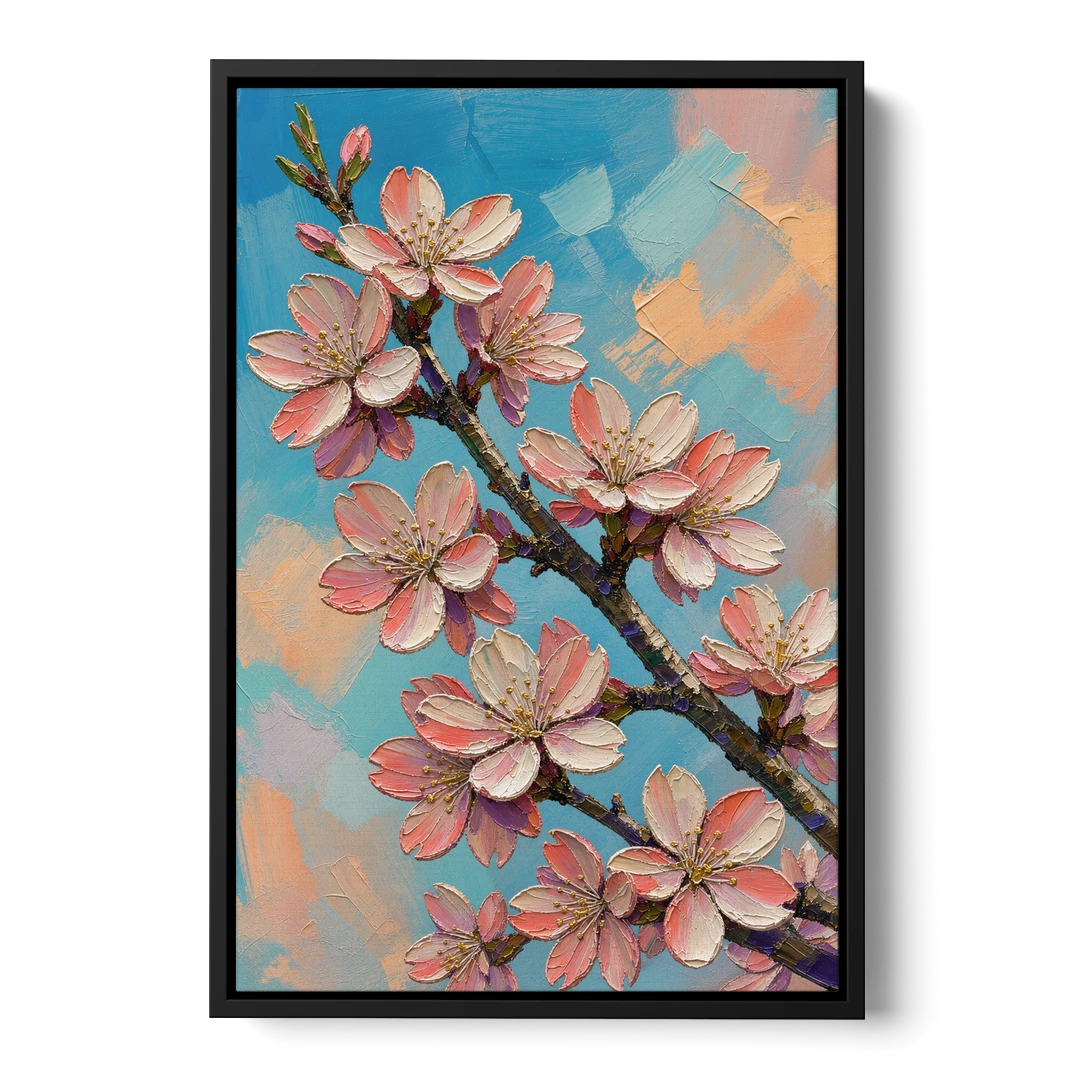 Cherry Blossom Branch Painting Against Turquoise Sky - Black Framed Canvas Wall Art - Front