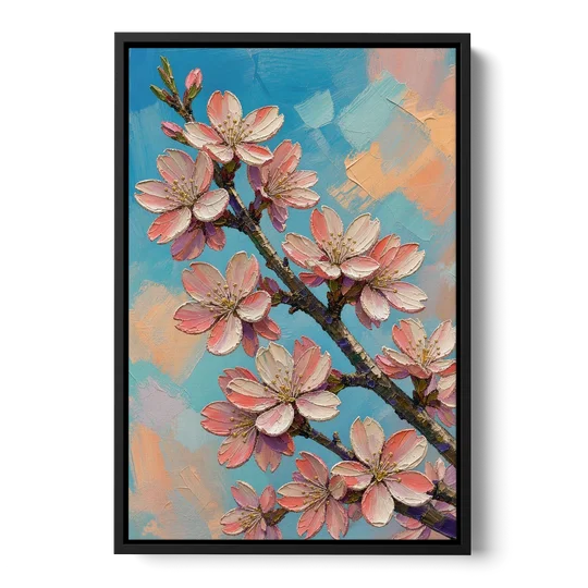 Cherry Blossom Branch Painting Against Turquoise Sky - Black Framed Canvas Wall Art - Front