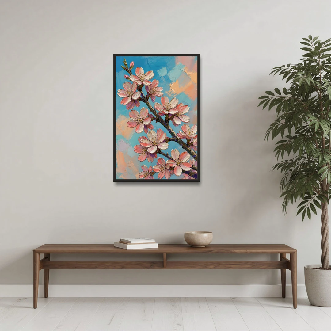 Cherry Blossom Branch Painting Against Turquoise Sky - Black Framed Canvas Wall Art - Coffee Table - 24x36