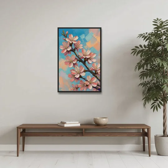 Cherry Blossom Branch Painting Against Turquoise Sky - Black Framed Canvas Wall Art - Coffee Table - 24x36