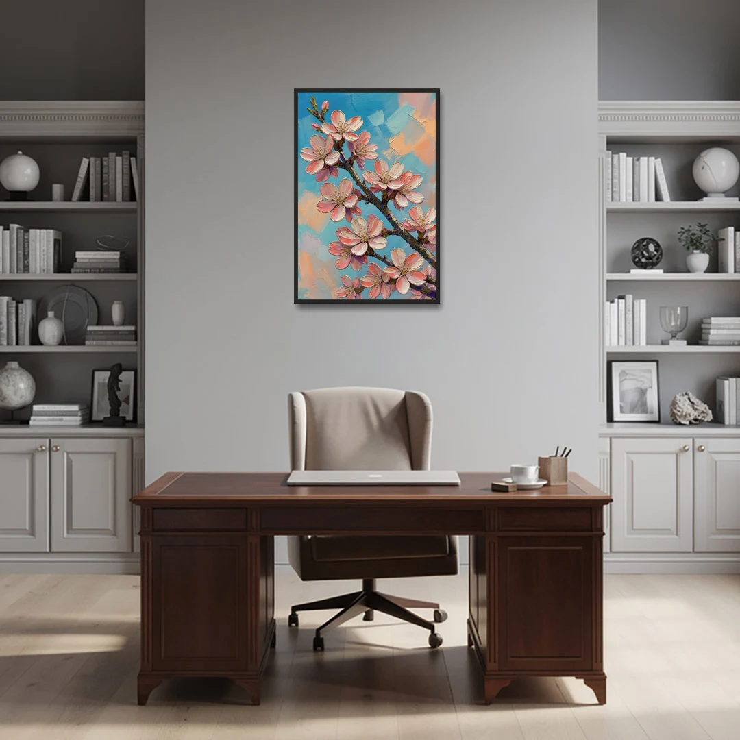 Cherry Blossom Branch Painting Against Turquoise Sky - Black Framed Canvas Wall Art - Office - 24x36