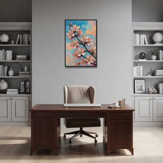 Cherry Blossom Branch Painting Against Turquoise Sky - Black Framed Canvas Wall Art - Office - 24x36