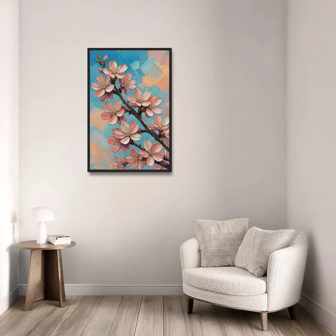 Cherry Blossom Branch Painting Against Turquoise Sky - Black Framed Canvas Wall Art - Sofa - 24x36