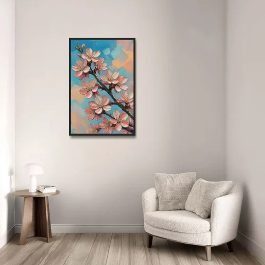 Cherry Blossom Branch Painting Against Turquoise Sky - Black Framed Canvas Wall Art - Sofa - 24x36