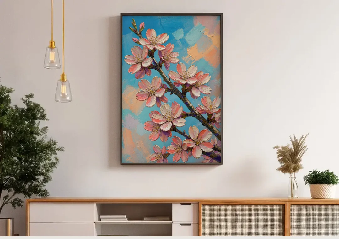 Cherry Blossom Branch Painting Against Turquoise Sky canvas wall art above a wooden sideboard under pendant lights