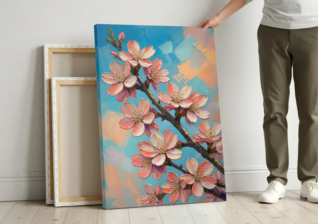 Cherry Blossom Branch Painting Against Turquoise Sky canvas wall art leaning against a wall next to blank canvases