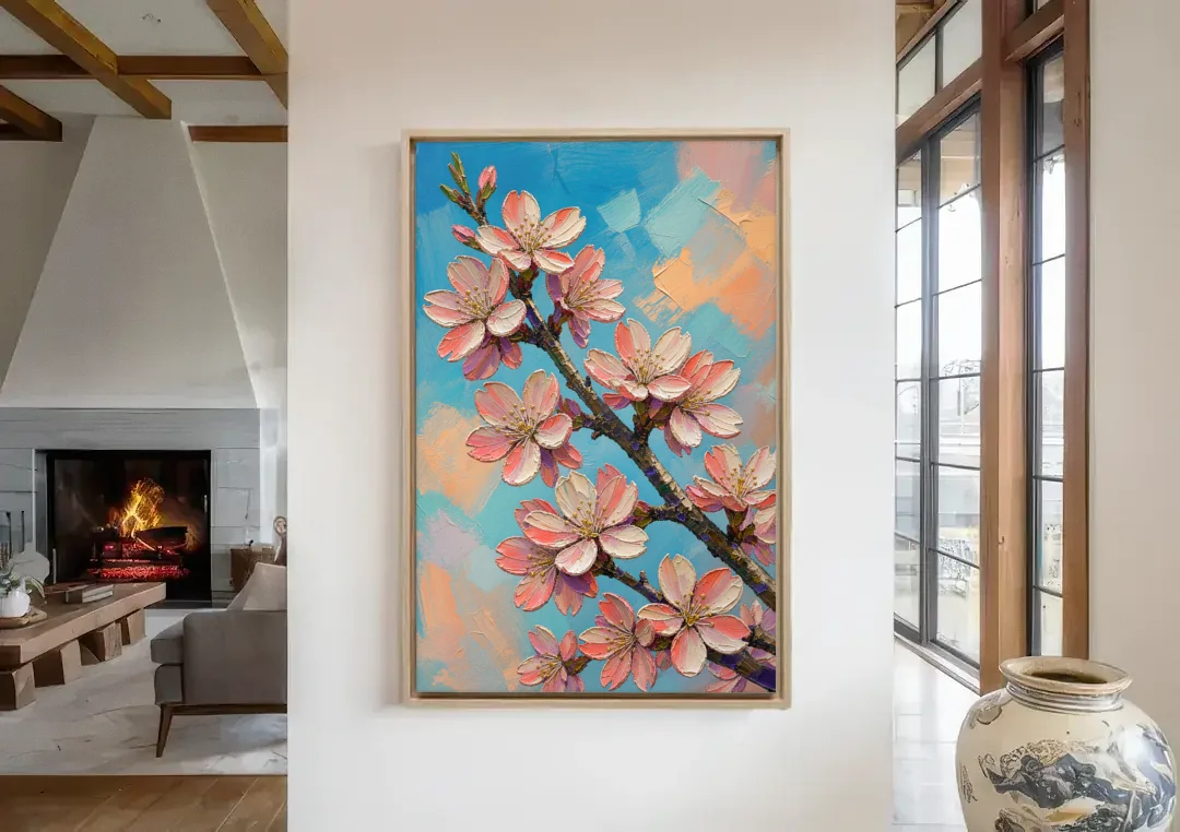 Cherry Blossom Branch Painting Against Turquoise Sky canvas wall art in a living room with a fireplace