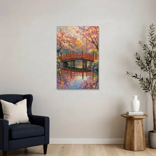 Cherry Blossom Bridge Painting - Canvas Wall Art - Sofa - 24x36