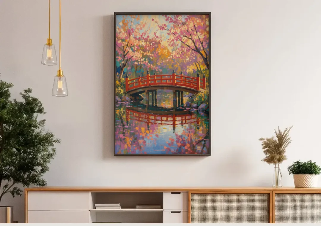 Cherry Blossom Bridge Painting canvas wall art above a wooden sideboard under pendant lights