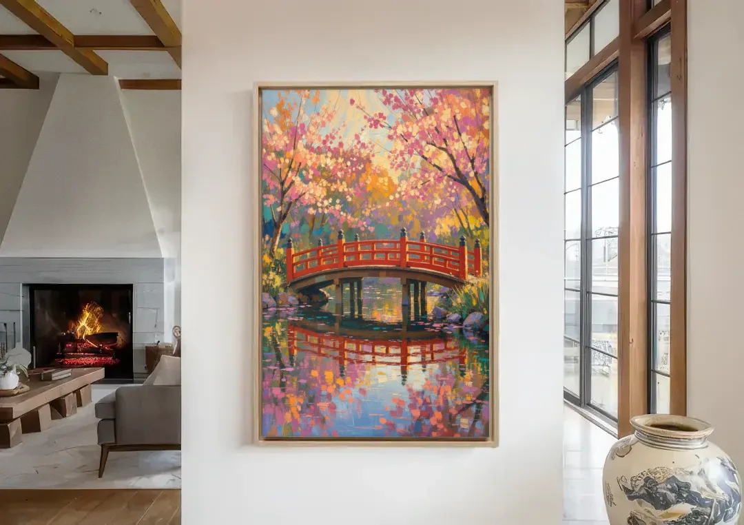 Cherry Blossom Bridge Painting canvas wall art in a living room with a fireplace