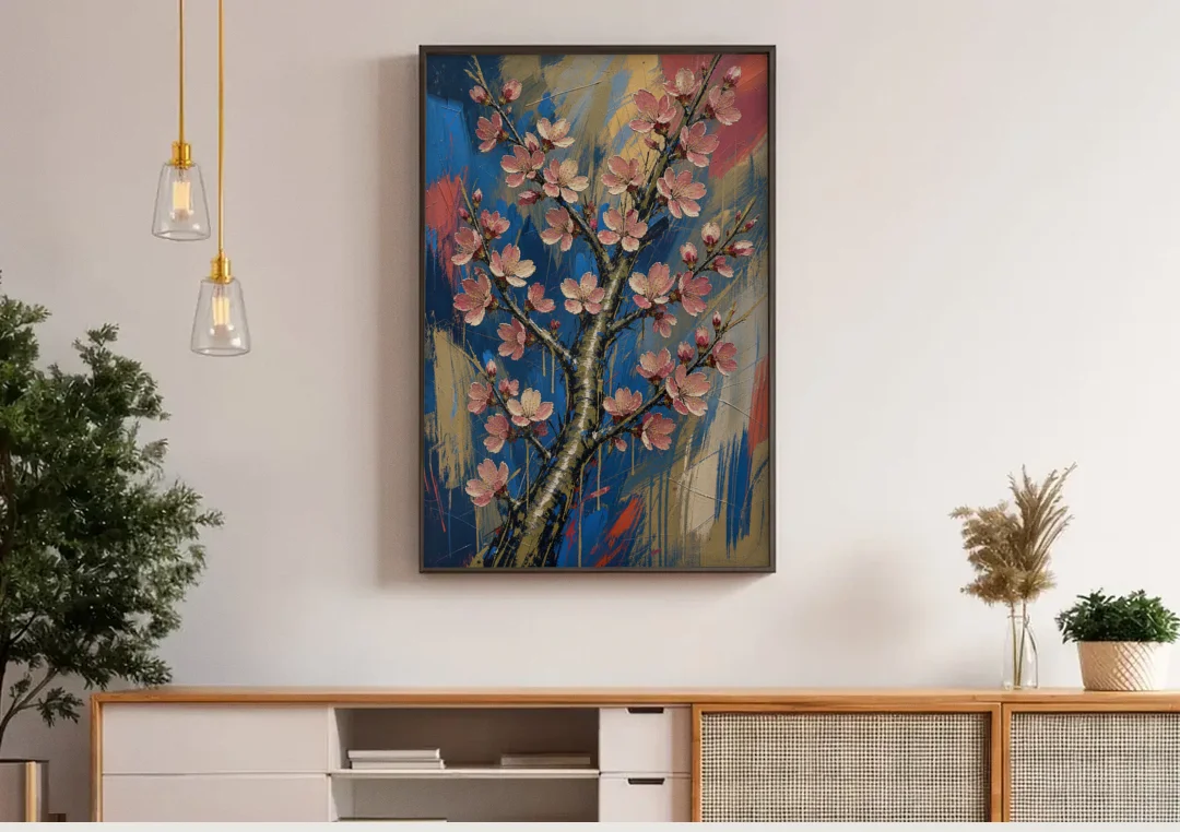 Cherry Blossom Canvas Art of a Rising Bough canvas wall art above a wooden sideboard under pendant lights