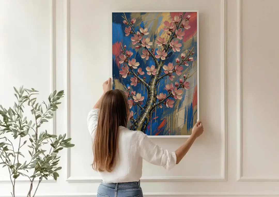 Cherry Blossom Canvas Art of a Rising Bough canvas wall art being hung on a paneled wall