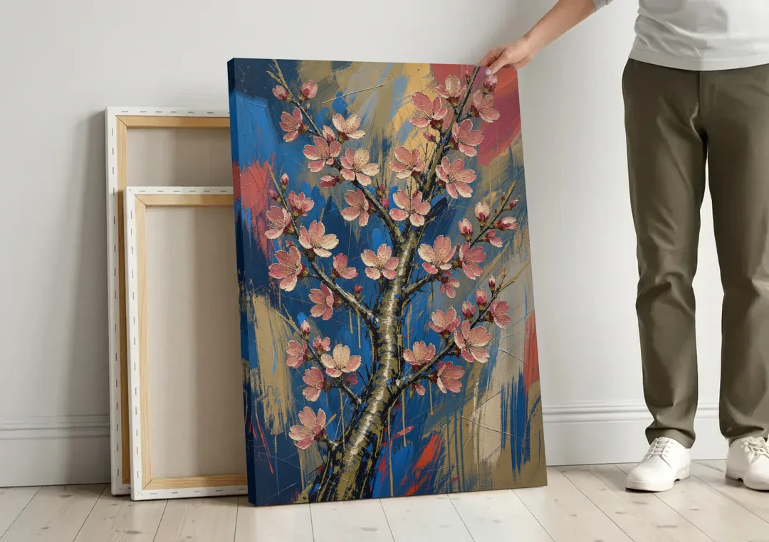 Cherry Blossom Canvas Art of a Rising Bough canvas wall art leaning against a wall next to blank canvases