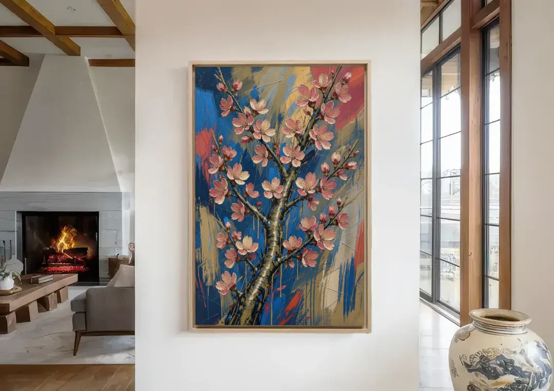 Cherry Blossom Canvas Art of a Rising Bough canvas wall art in a living room with a fireplace