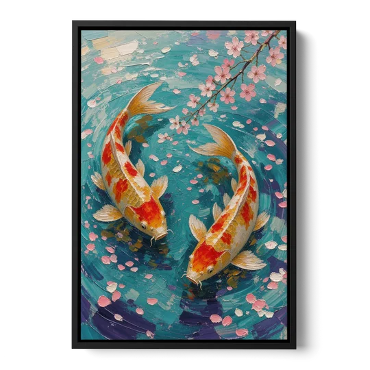 Cherry Blossom Koi Pond - Black Framed Canvas Wall Art - Front