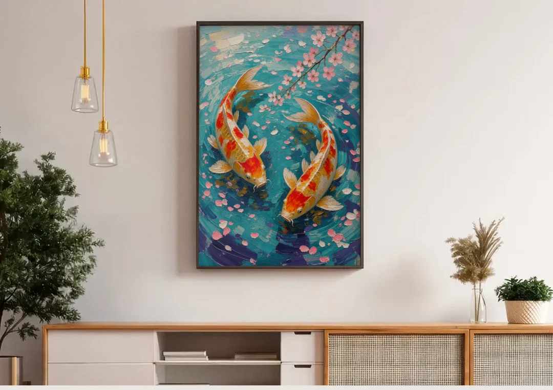 Cherry Blossom Koi Pond canvas wall art above a wooden sideboard under pendant lights