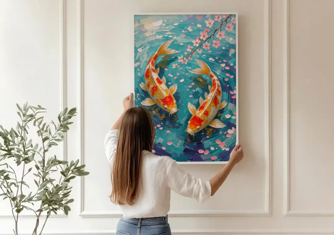 Cherry Blossom Koi Pond canvas wall art being hung on a paneled wall