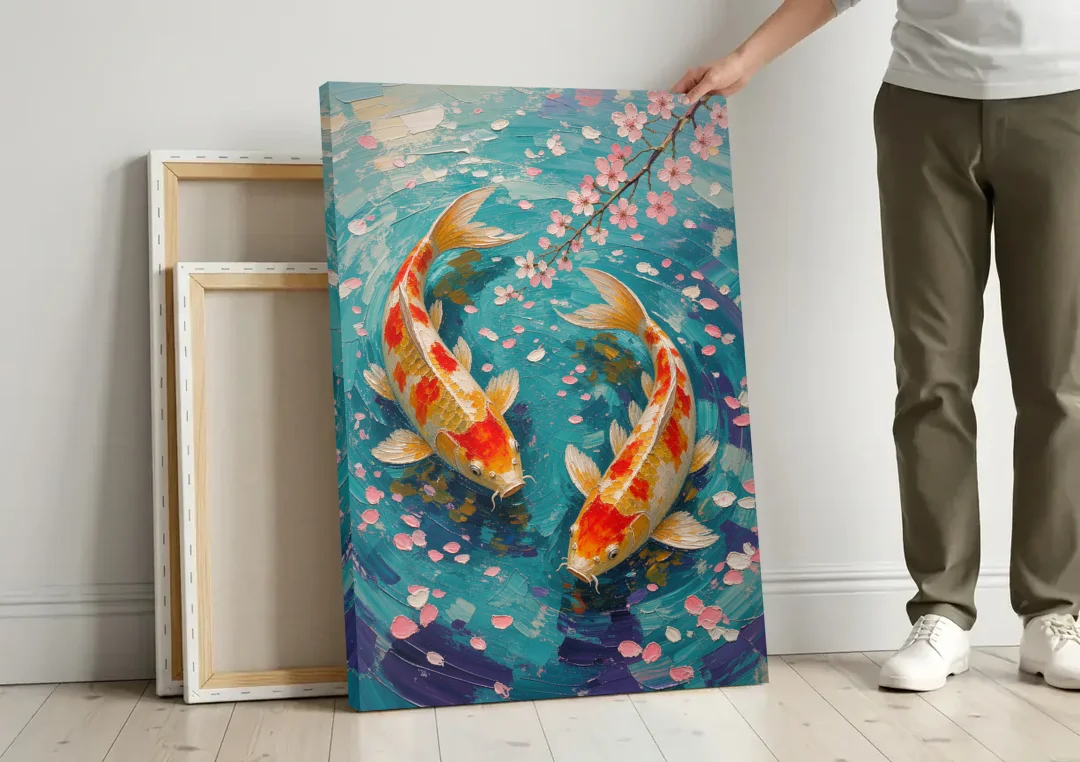 Cherry Blossom Koi Pond canvas wall art leaning against a wall next to blank canvases
