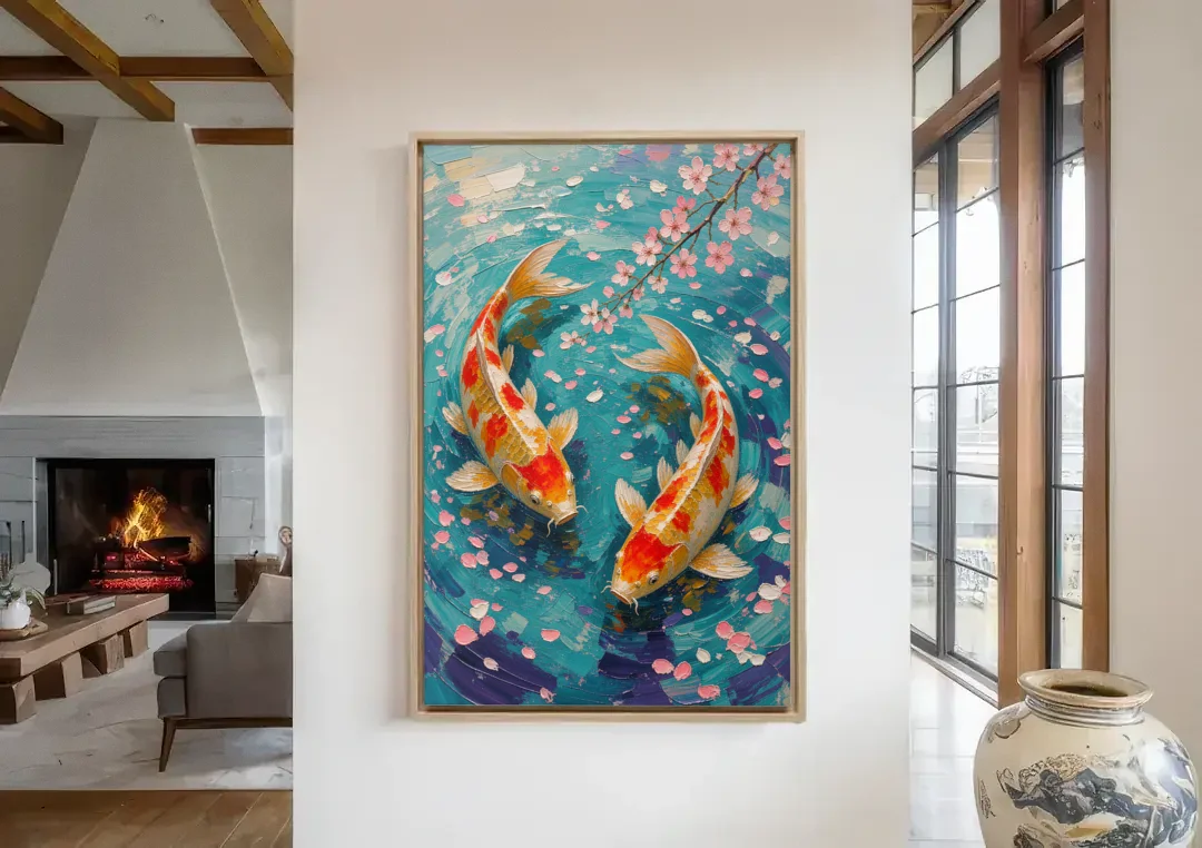 Cherry Blossom Koi Pond canvas wall art in a living room with a fireplace