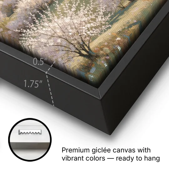 Cherry Blossom Landscape Painting with Valley Lake - Black Framed Canvas Wall Art - Gallery Wrap Corner