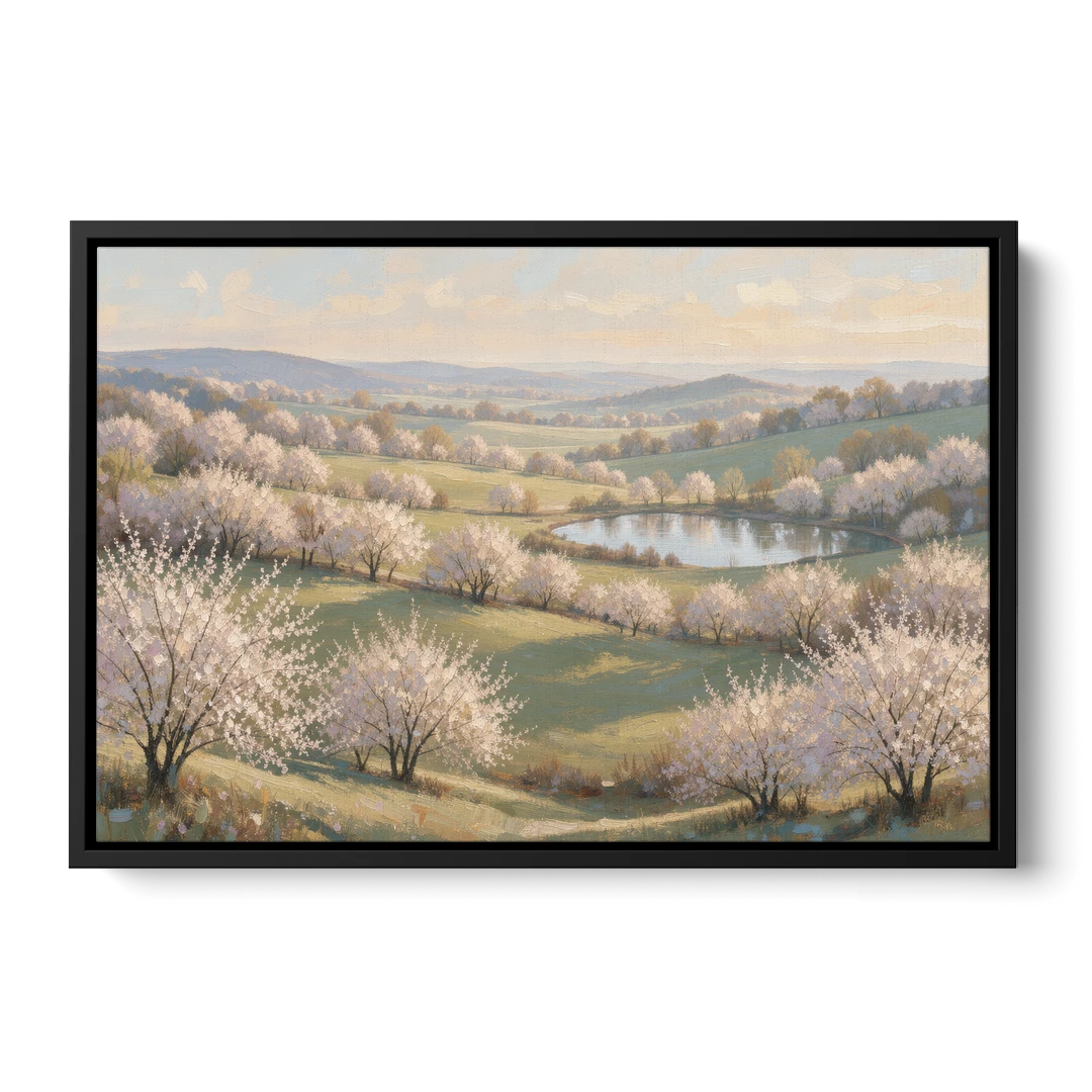 Cherry Blossom Landscape Painting with Valley Lake - Black Framed Canvas Wall Art - Front