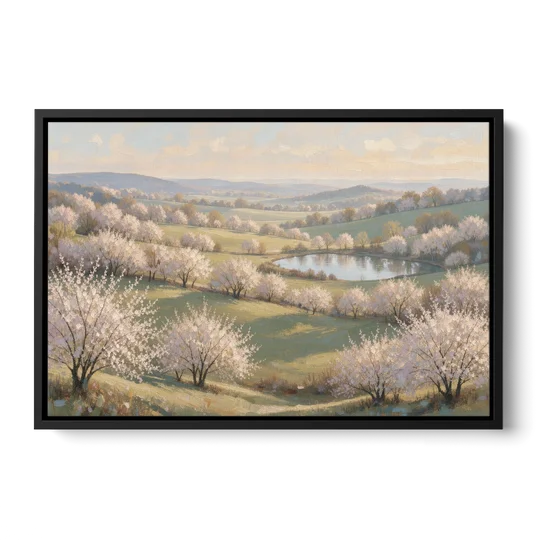Cherry Blossom Landscape Painting with Valley Lake - Black Framed Canvas Wall Art - Front