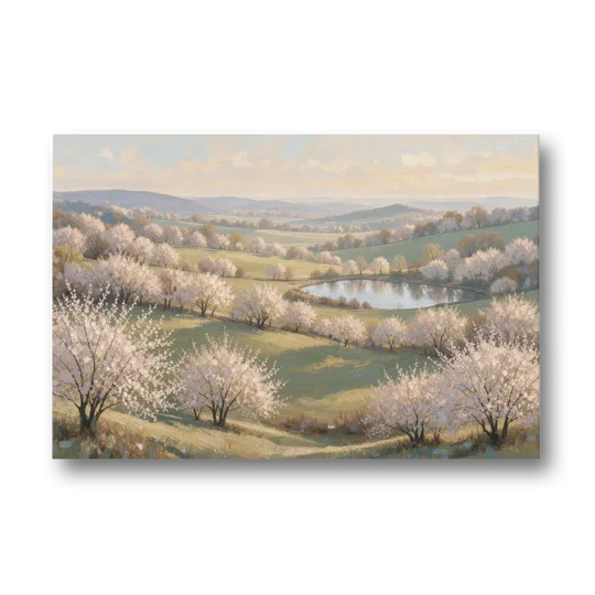 Cherry Blossom Landscape Painting with Valley Lake - Canvas Wall Art - Front
