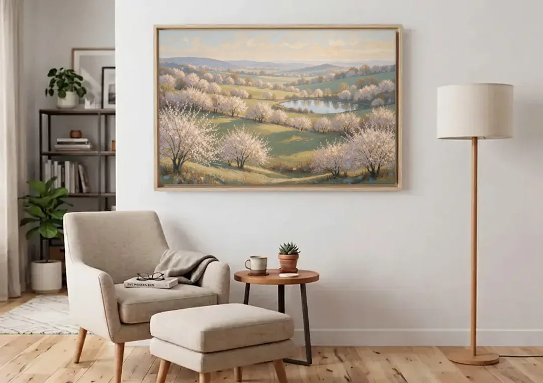 Cherry Blossom Landscape Painting with Valley Lake canvas wall art above an armchair in a bright living room
