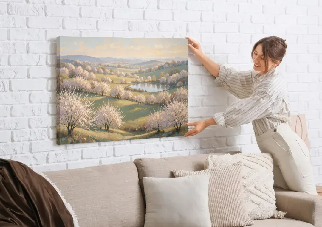 Cherry Blossom Landscape Painting with Valley Lake canvas wall art being hung on a white brick wall above a sofa