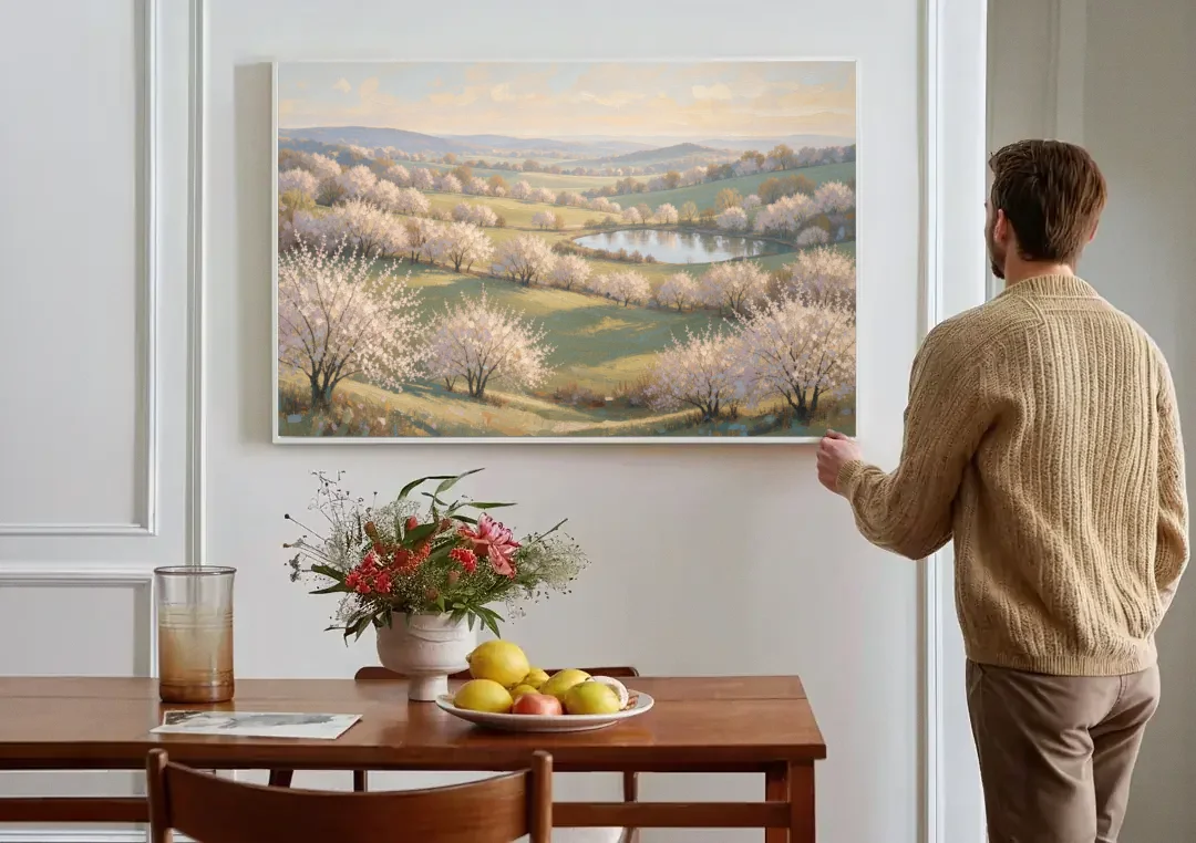 Cherry Blossom Landscape Painting with Valley Lake canvas wall art above a dining table