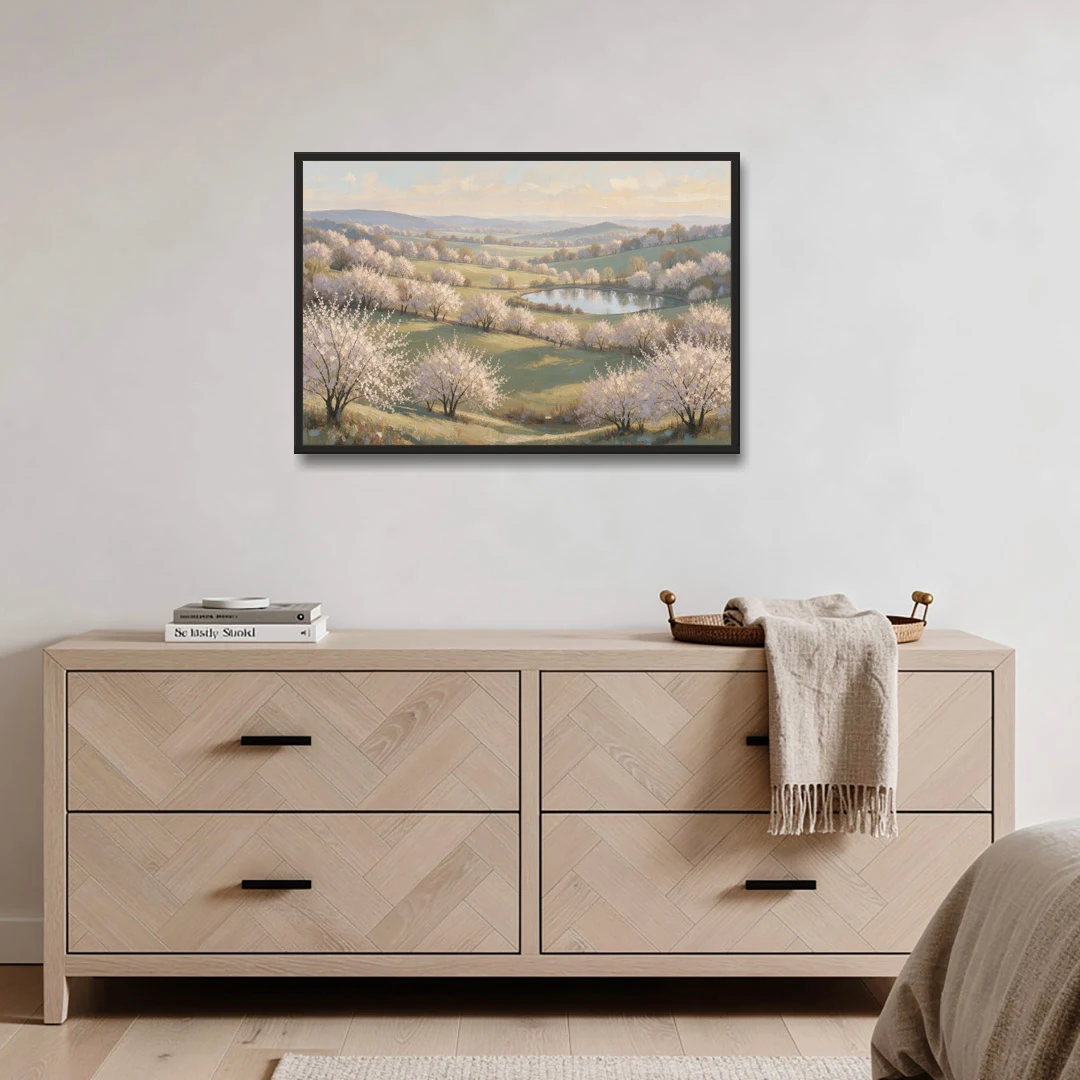 Cherry Blossom Landscape Painting with Valley Lake - Black Framed Canvas Wall Art - Coffee Table - 36x24