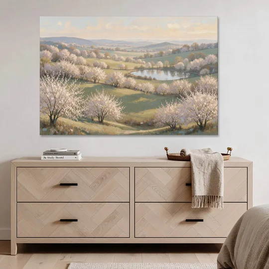 Cherry Blossom Landscape Painting with Valley Lake - Canvas Wall Art - Coffee Table - 60x40