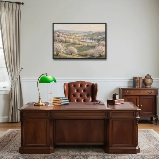 Cherry Blossom Landscape Painting with Valley Lake - Black Framed Canvas Wall Art - Office - 36x24