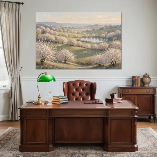 Cherry Blossom Landscape Painting with Valley Lake - Canvas Wall Art - Office - 60x40
