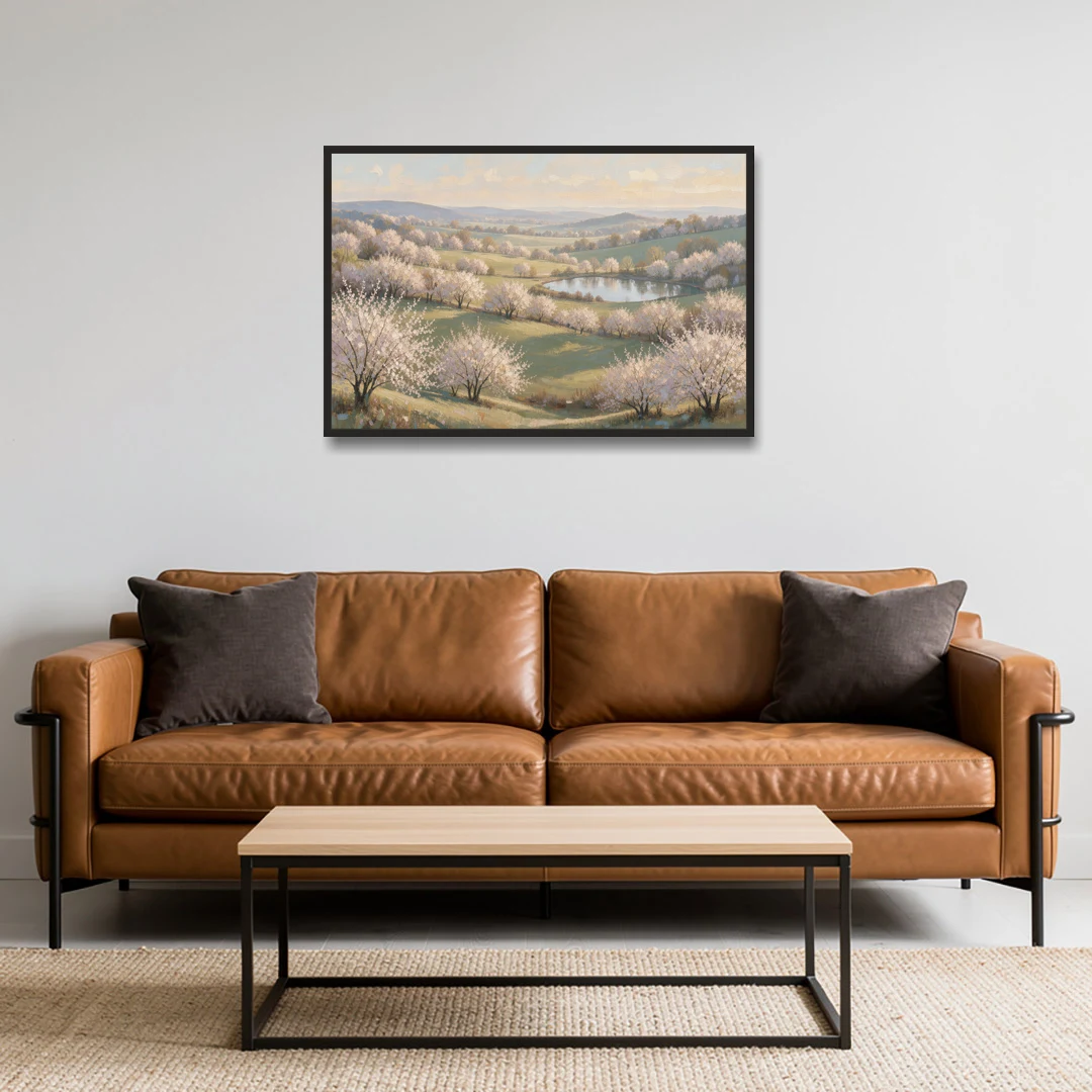 Cherry Blossom Landscape Painting with Valley Lake - Black Framed Canvas Wall Art - Sofa - 36x24