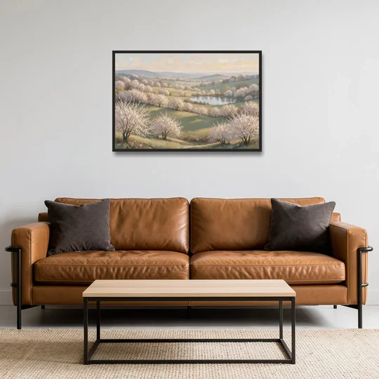 Cherry Blossom Landscape Painting with Valley Lake - Black Framed Canvas Wall Art - Sofa - 36x24