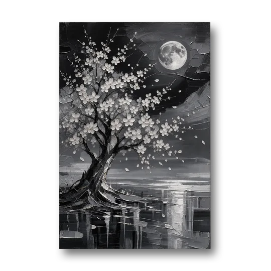 Cherry Blossom Night Painting Under Full Moon - Canvas Wall Art - Front
