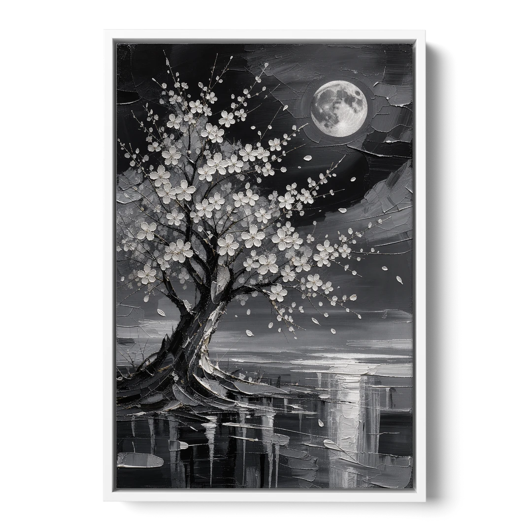 Cherry Blossom Night Painting Under Full Moon - White Framed Canvas Wall Art - Front
