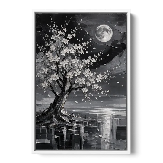 Cherry Blossom Night Painting Under Full Moon - White Framed Canvas Wall Art - Front