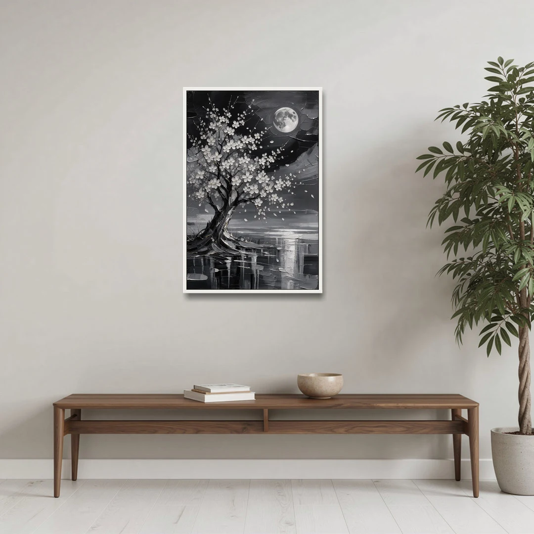 Cherry Blossom Night Painting Under Full Moon - White Framed Canvas Wall Art - Coffee Table - 24x36