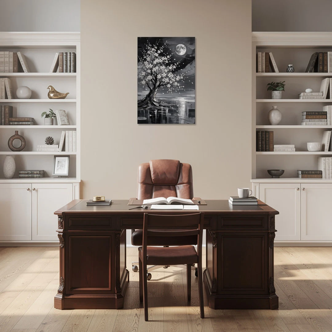 Cherry Blossom Night Painting Under Full Moon - Canvas Wall Art - Office - 24x36