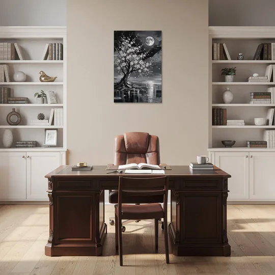Cherry Blossom Night Painting Under Full Moon - Canvas Wall Art - Office - 24x36