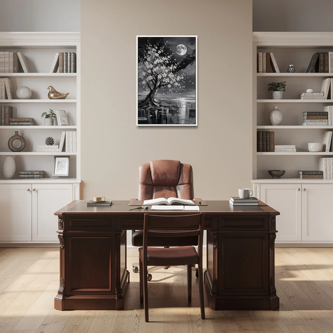 Cherry Blossom Night Painting Under Full Moon - White Framed Canvas Wall Art - Office - 24x36