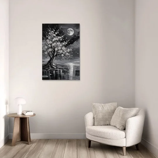 Cherry Blossom Night Painting Under Full Moon - Canvas Wall Art - Sofa - 24x36
