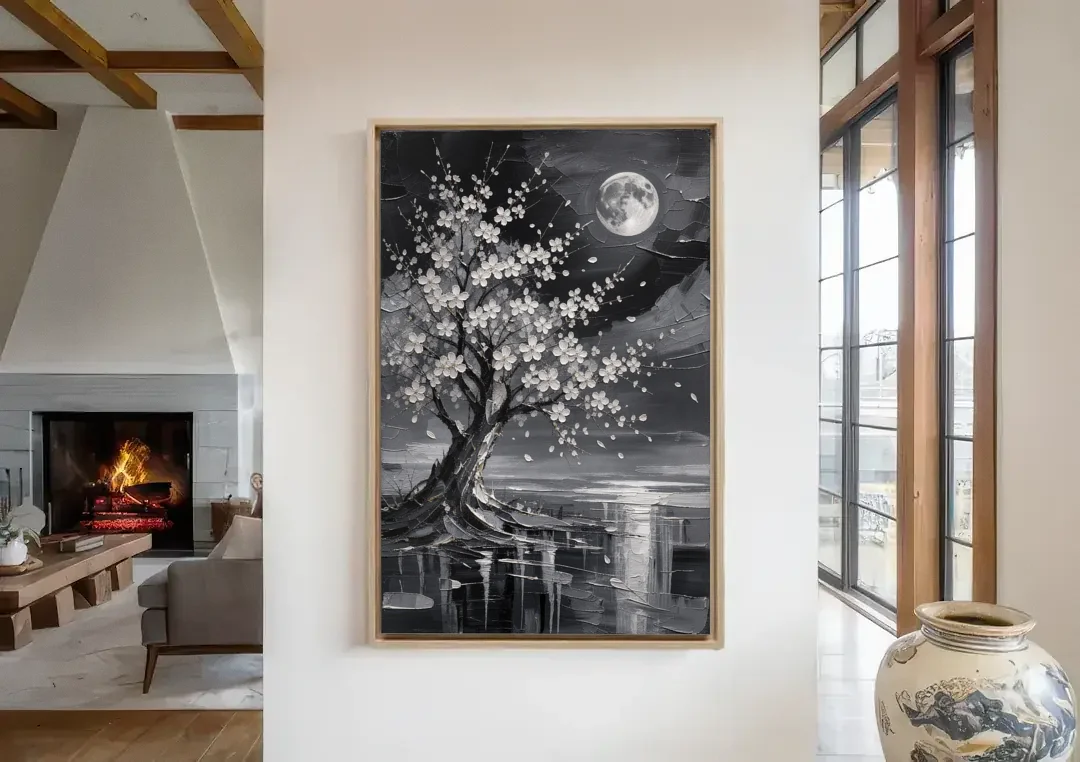 Cherry Blossom Night Painting Under Full Moon canvas wall art in a living room with a fireplace