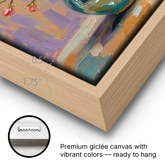 Cherry Blossom Oil Painting in a Turquoise Vase - Oak Framed Canvas Wall Art - Gallery Wrap Corner